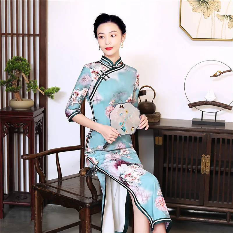 

Novelty Print Flower Elegant Women Qipao Chinese Traditional Classic Mandarin Collar Cheongsam Sexy Slim Long Vestidos Plus Size