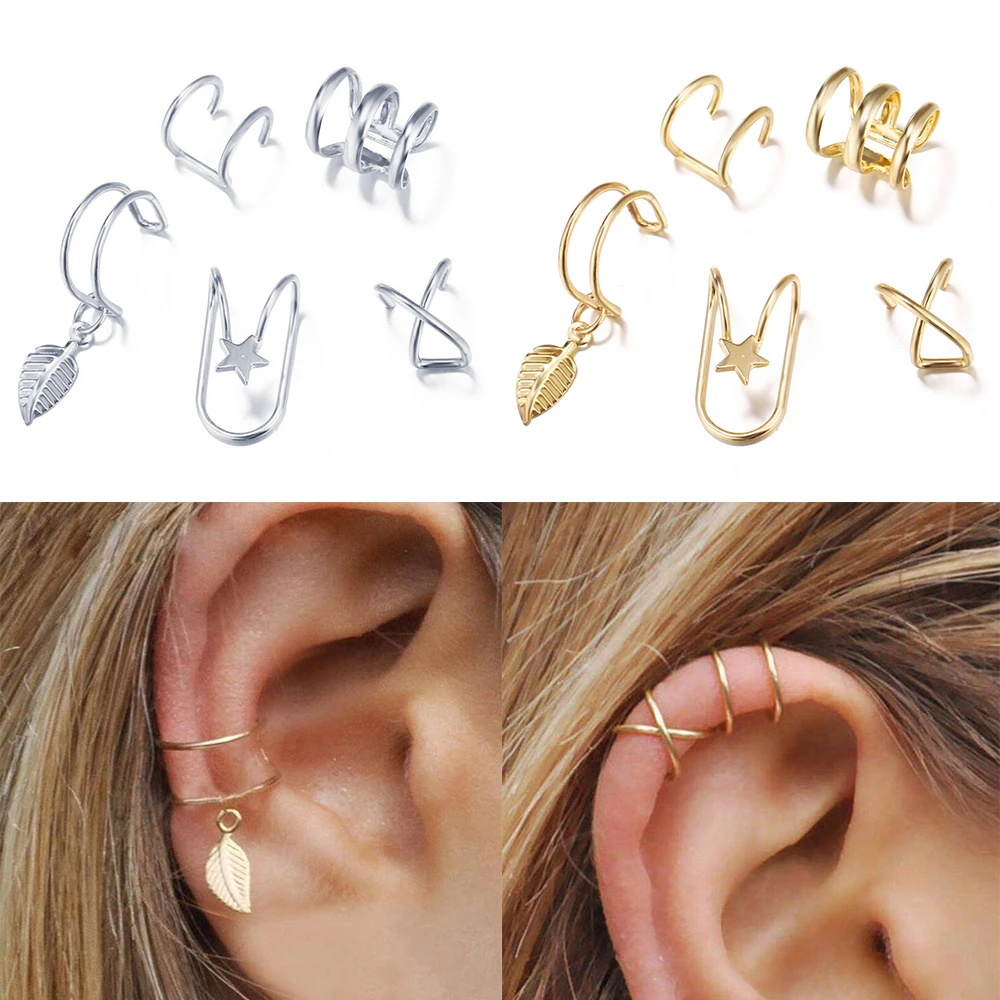 5 шт./компл. модные Кафф сусальное золото Earcuff серьги-клипсы для Для женщин Головные уборы без Имитация пирсинга из нержавеющей стали, ювелирные серьги в подарок