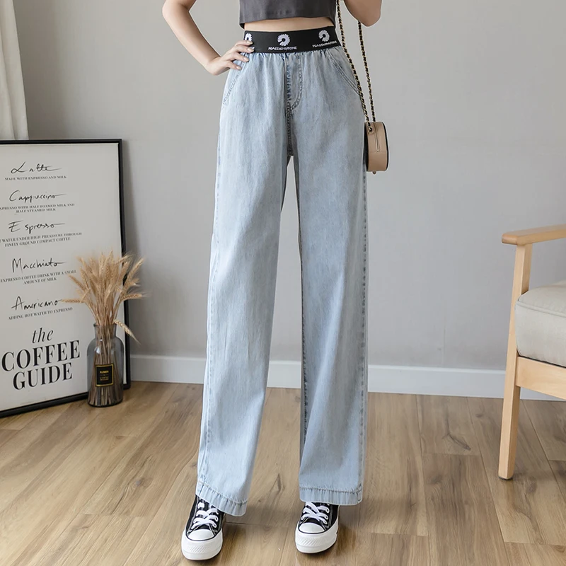 

Wide Leg Jeans New Loose Loose Thin High Waist Mopping Casual Pants Embroidery Elastic Waist High Waist Drape 2020 Summer Women