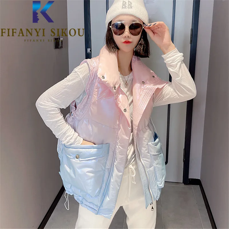 

2021 Winter Vest Women Sleeveless Jacket Big Pocket Fashion Gradient Color Down Cotton Vest Coat Female Loose Warm Waistcoat