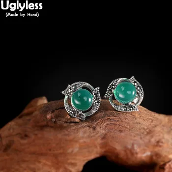 

Uglyless Vintage Thai Silver Leaf Studs Earrings for Women Chalcedony Gemstone Studs 925 Sterling Silver Brincos Fashion Jewelry
