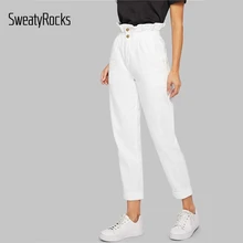 SweatyRocks, белые, с оборками, на талии, одноцветные, укороченные джинсы, осень, Повседневная Уличная одежда, высокая талия, женские, одноцветные, прямые, джинсовые штаны