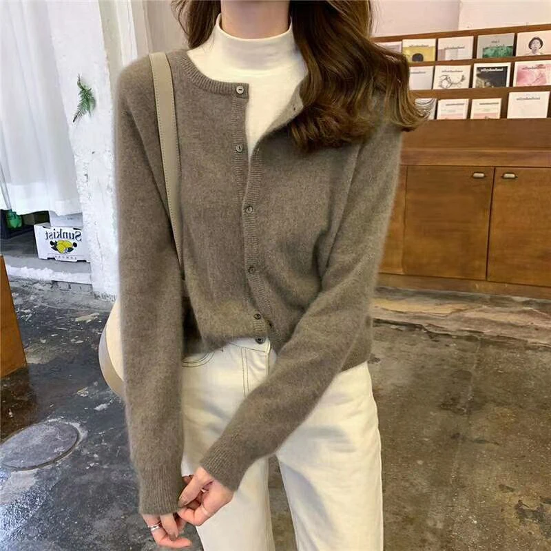 Cashmere Sweater Cardigan Women Single Breasted Long Sleeve Elegant Vintage Jumper Solid Wool Knitted Autumn Winter Outwear X452