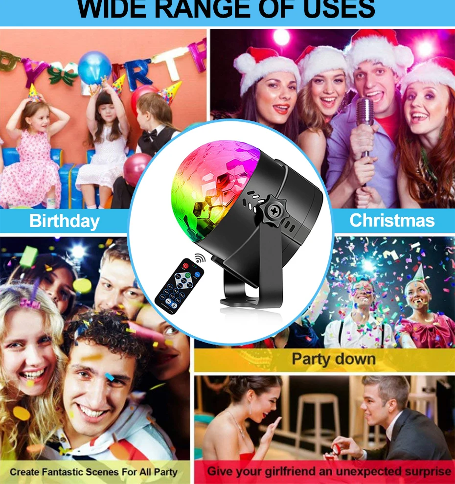 Светильник для рождественской вечеринки, диско-шар, светодиодный светильник для дискотеки, звуковой светильник, s RGB, звуковая активация, стробоскоп, DJ сценический светильник, домашний проектор для Хэллоуина