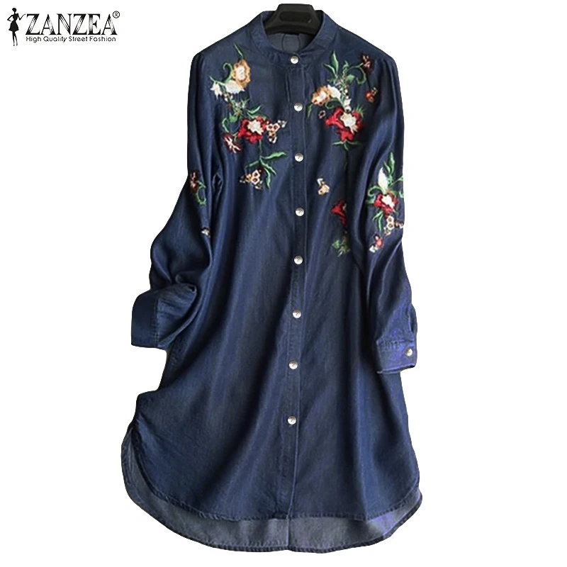 

2019 ZANZEA Elegant Embroidered Shirt Robe Women's Denim Blue Blouse Vintage Long Sleeve Blusas Female Button Tunic Oversize 5XL