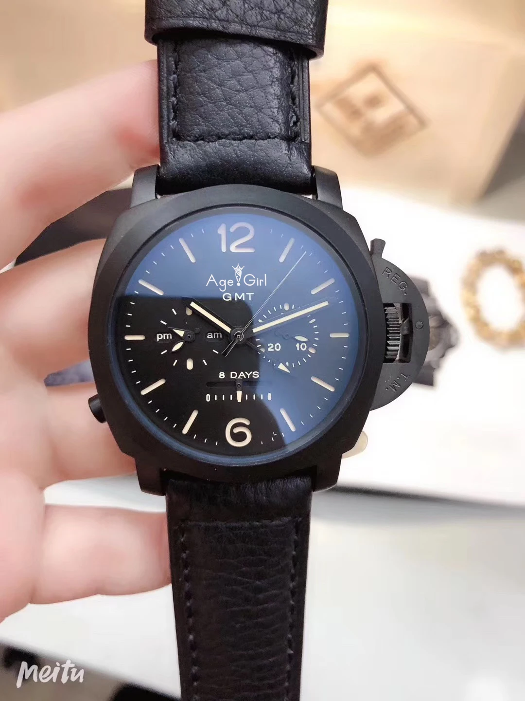 

Luxury Brand New Men Automatic Mechanical Stainless Steel 8 Days GMT Sapphire Black Leather Luminous America's CUP Sport Watch
