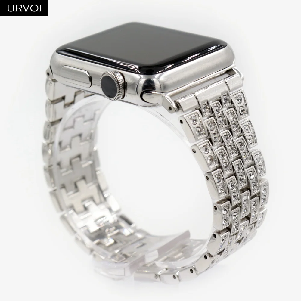 URVOI link браслет для apple watch 4 3 ремешок для iwatch ремешок 40 мм 44 мм нержавеющая сталь Блестящий горный хрусталь девушки мода цепь