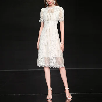 

Seifrmann Summer Fashion Designer Dress Bohemian Women Solid White Sexy Lace Floral Big Swing Loose Ladies Midi Dress Vestoidos