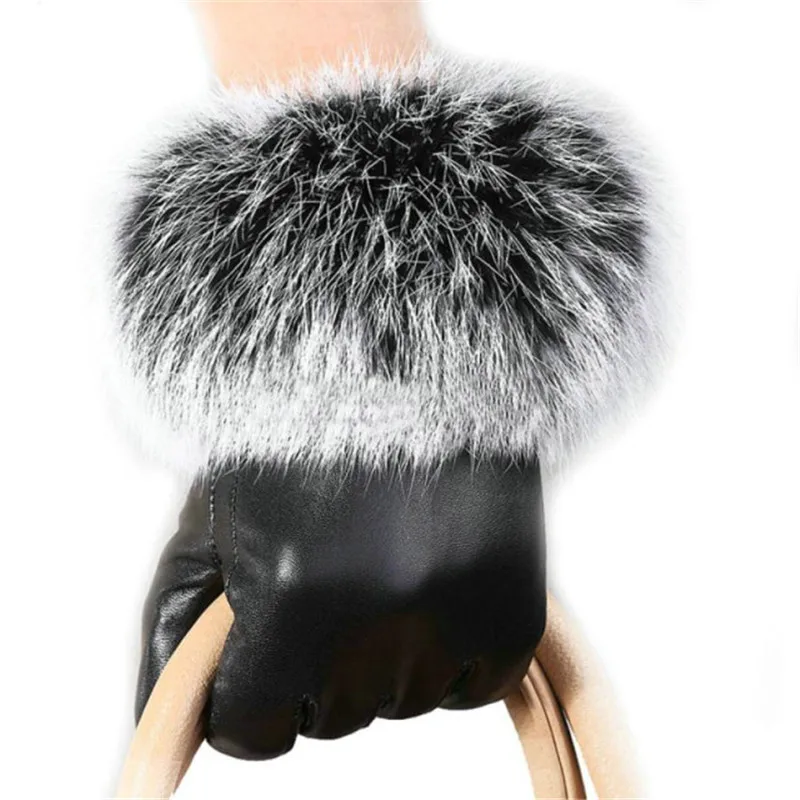 Женские зимние кожаные перчатки, перчатки на полный палец, черные, Осенние, зимние, теплые, из искусственного кроличьего меха, ветрозащитные варежки, женские, элегантные, guantes