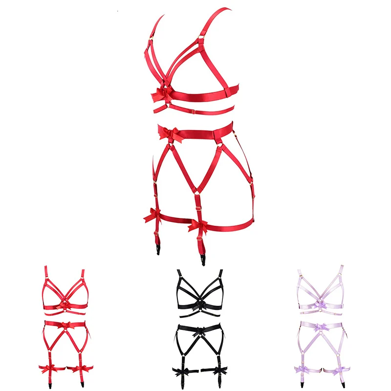 Gothic red bow suspender bra garter belt fetish body bondage harness set female sexy pole dance bondage lingerie top catsuit