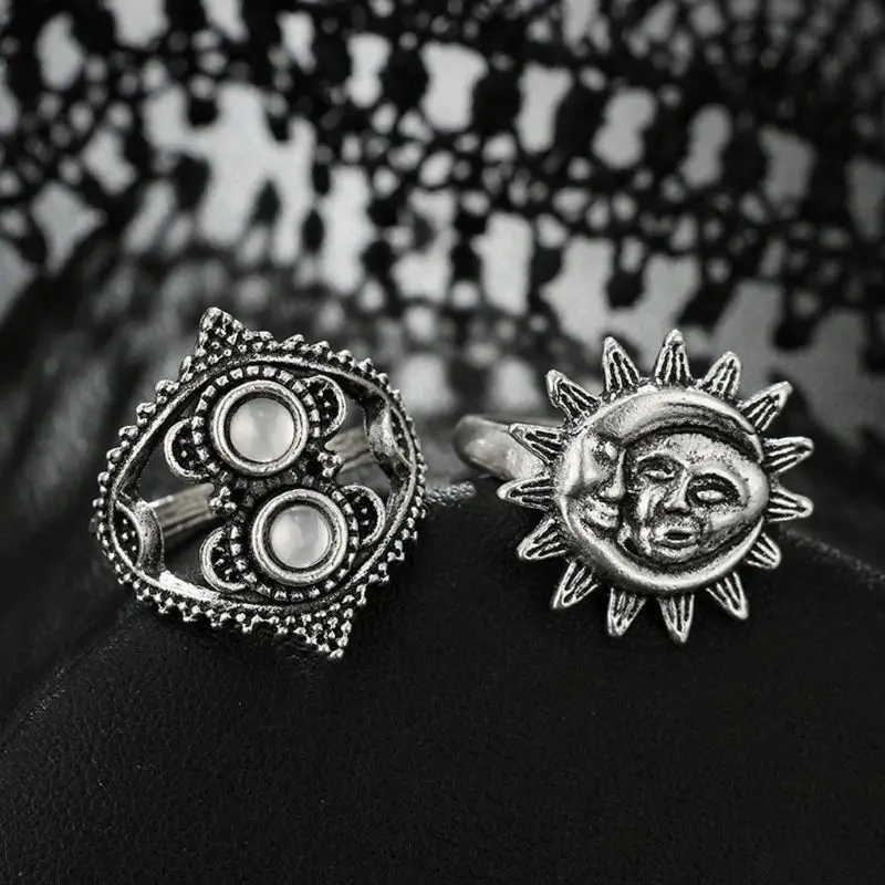 Vintage Silver Moon Star Flower Leaves Crystals Ring Band Midi Finger Ring Set 14PCS ring set finger ring silver ring jewelry accessories