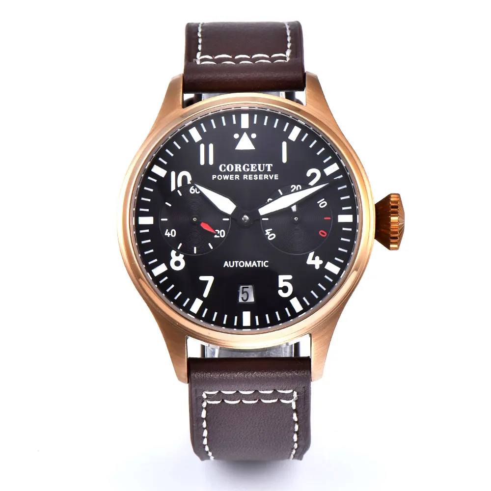 

CORGEUT Self Winding Mechanical Men Watch Power Reserve Indicator Sapphire Glass Bronze Case Date Window