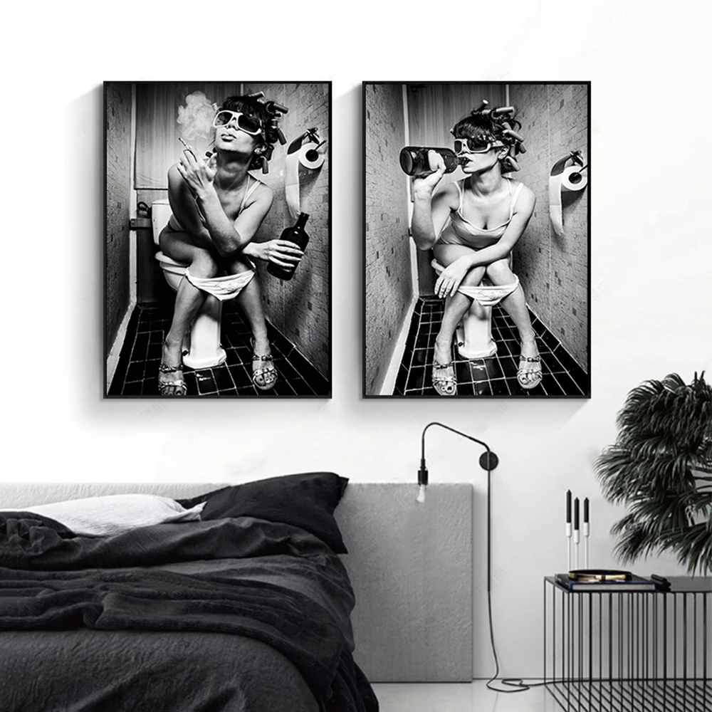 

DDHH Wall Art Canvas Print Figure Painting Girl Drinking Smoking in Bathroom Picture For Living Room Home Decor No Frame