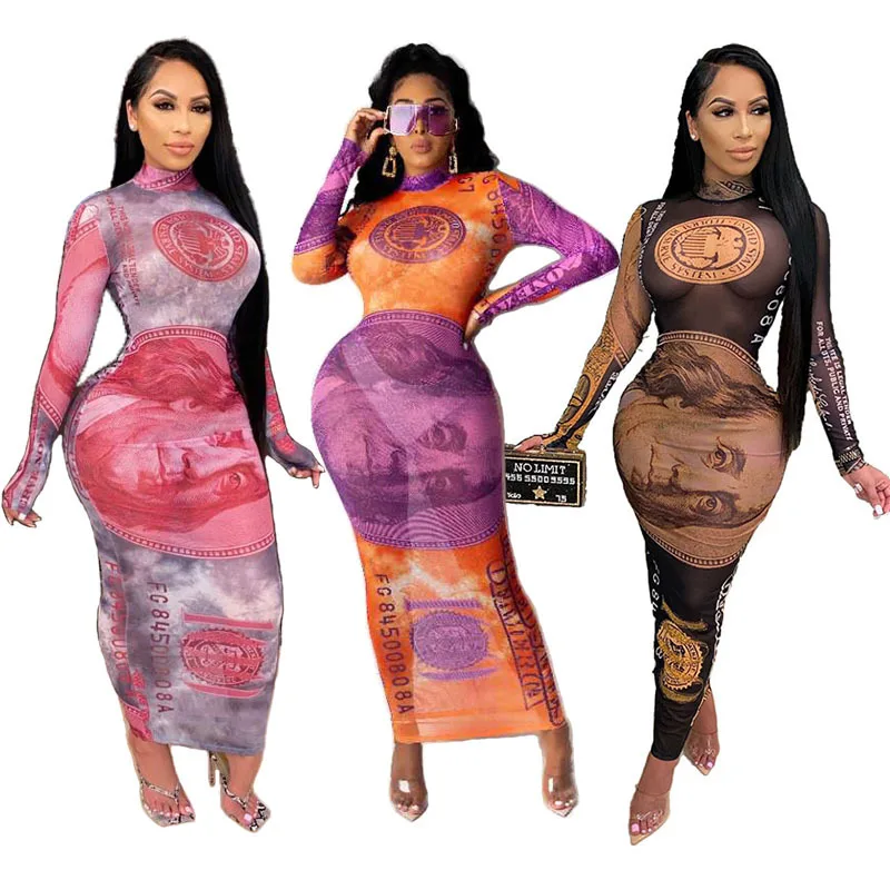 

Dollar Printting Sexy Mesh See-Through Round Neck Long Sleeve Skinny Women Maxi Dress 2020 Office Lady Fashion Clothes