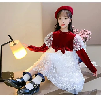 

Kids dresses for Girls Christmas Clothes Mesh lace Party Costume Red Children Elegant Prom Frocks 3-8Y Girls Casual Wear