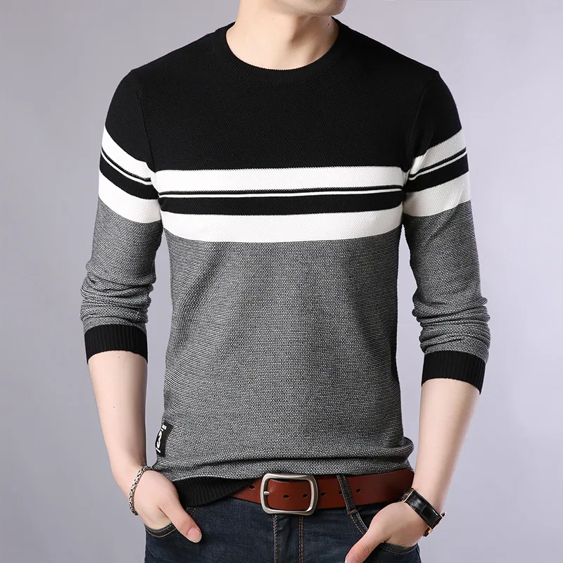 

Thick Striped Men Knitted Pullover Sweater Black Blue Loose Mens Long Sleeve Pullover England Style Mens Designer Sweater