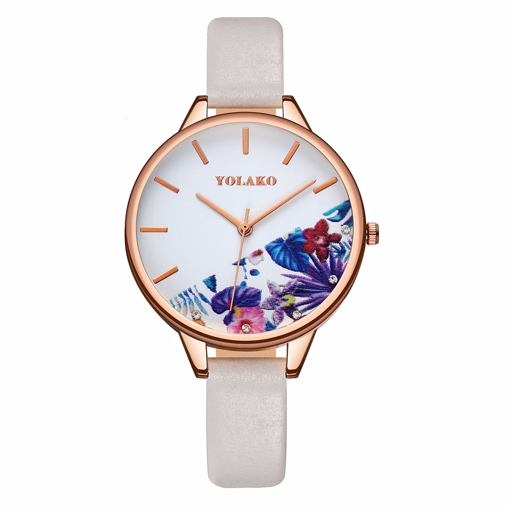 YOLAKO новые женские часы кожаный цветок Женские кварцевые наручные часы элегантный подарок relogio feminino reloj mujer Прямая поставка - Цвет: W