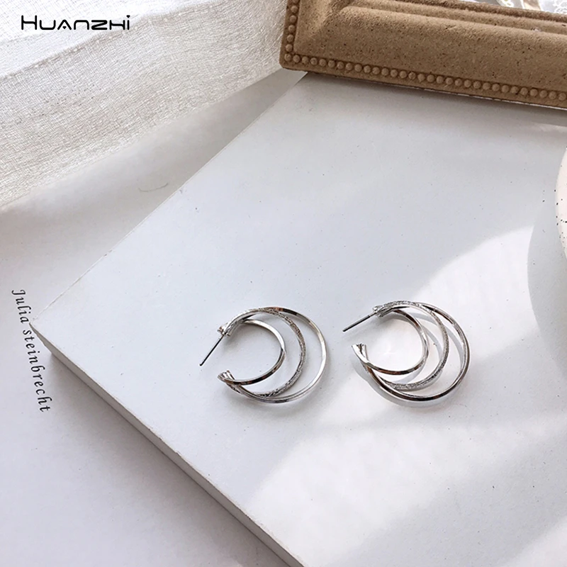 

HUANZHI 2019 Gold Silver Metal Half Ring Circle Round C Shape Earrings Multi-layer Staggered Geometric Irregular Earrings