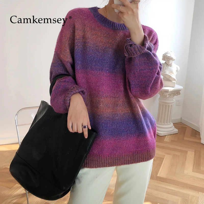 CamKemsey, Осень-зима, вязаные свитера для женщин,, Kawaii, джемпер для девушек, ленивый, свободный, мохер, вязаный свитер, Женский пуловер
