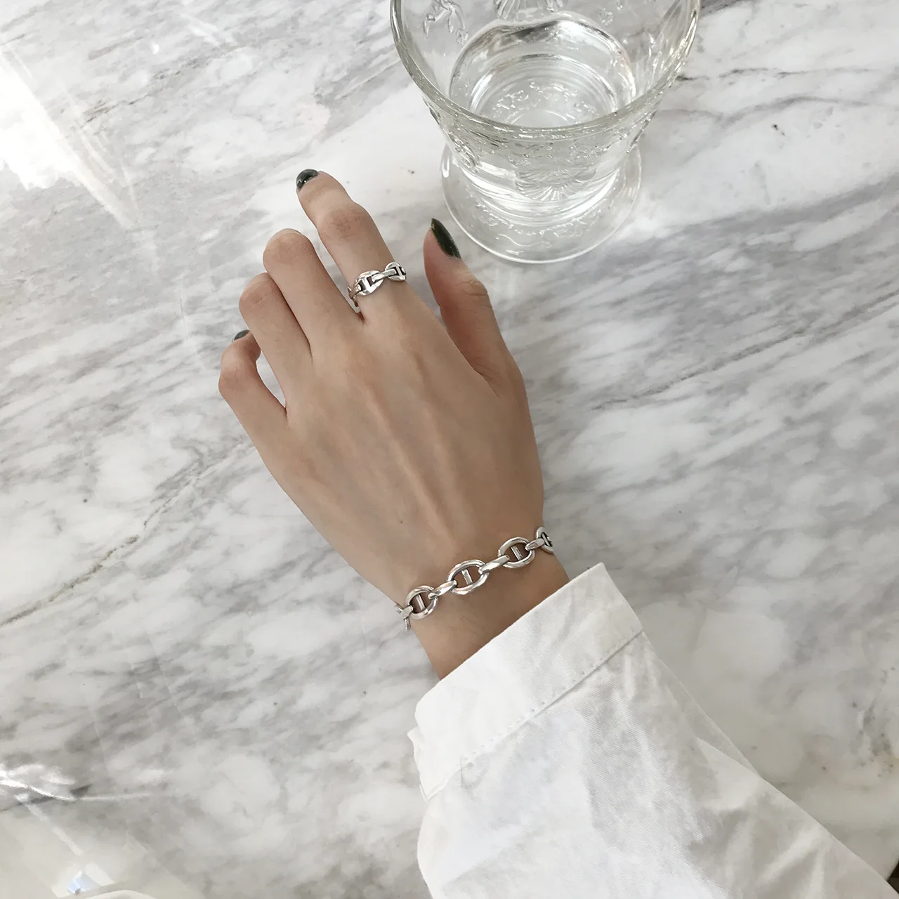 S925 стерлингового серебра Пряжка открытие простой геометрические тонкие линии браслет серебряные женские ювелирные изделия