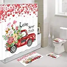 

Love Never Fails with Retro Red Truck Fabric Rustic Truck with Rose Flower Romantic Red Hearts Shape for Valentine's Day Shower