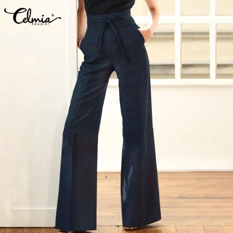 Drawstring Pants Trousers Wide-Leg Celmia Ladies Palazzo Elegant High-Waist Womens Loose