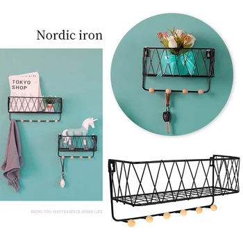 

35*15*12cm Black Large Six-hook Creative Grid Wall Iron Racks Craft Style Hangable Racks for Dining Room Living Room or Office
