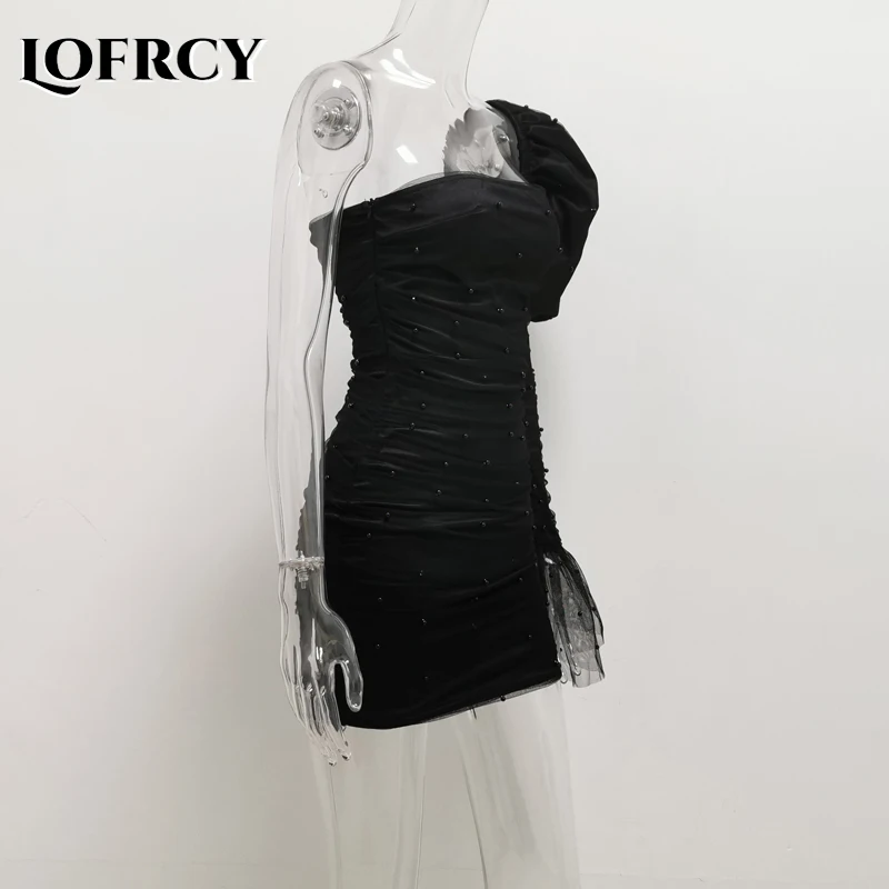 Женское мини платье на одно плечо Lofrcy маленькое черное облегающее с буффами