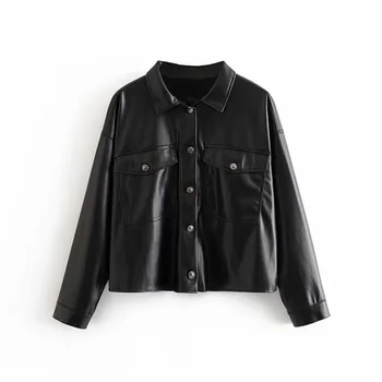 

Fall 2019 women's new Lapel long sleeve pocket button-down imitation leather shirt jacket 02969275800