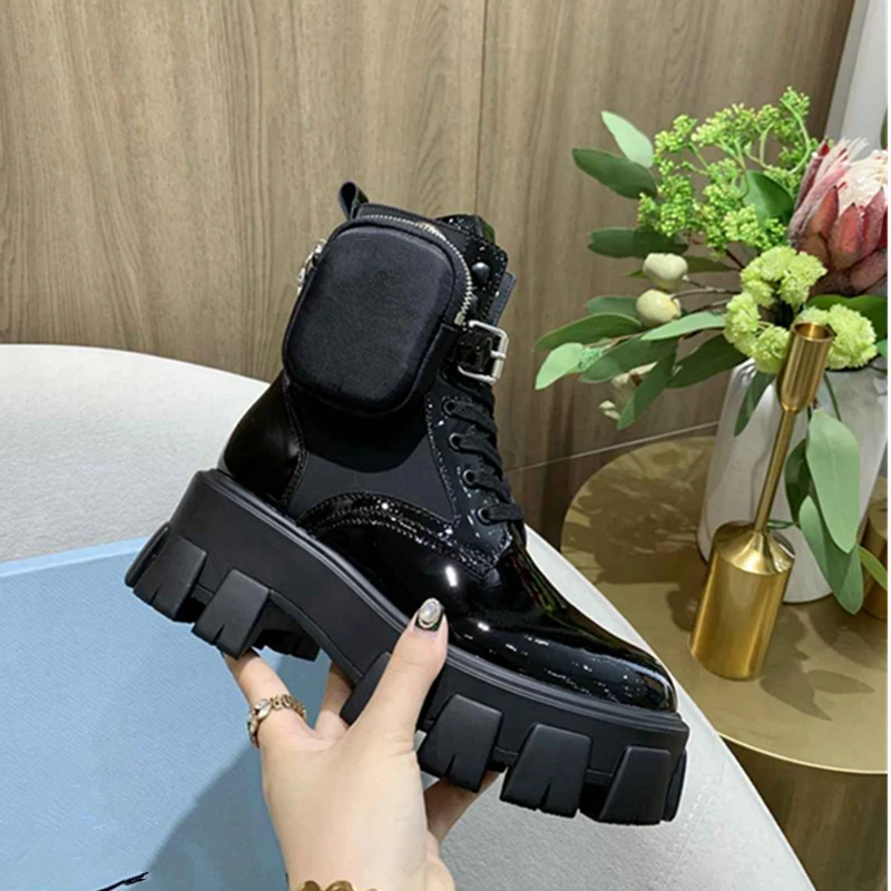 Zapatos de plataforma monolito de cuero genuino para mujer, Botines negros  con diseño de bolsillo, botas de moto con cordones, botas cortas de fondo  grueso - AliExpress Calzado