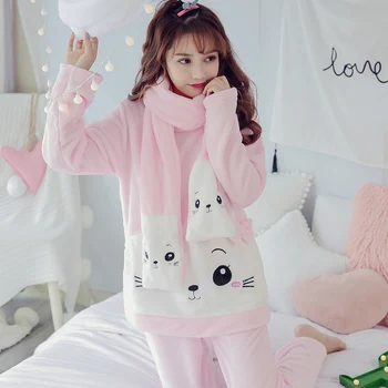 

Pull Size Winter Warm Pyjamas Women Cute Coral Flannel Pajama Set Pink Lingerie Sleepwear Women Clothing Pants Set Night Wear