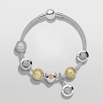 

NEW100%925 Silver Heart Charm Bangle For Women Fashion DIY Beads Fit Original Bracelet Jewelry Lover's Gift DIY