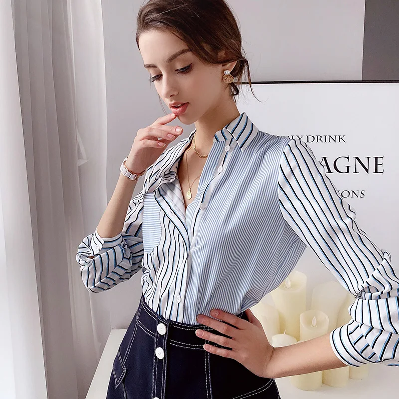 

Dabuwawa Patchwork Striped Shirt Long Sleeve Button Placket Blouse Women Elegant Workwear Office Lady Tops Blouses DN1CST017