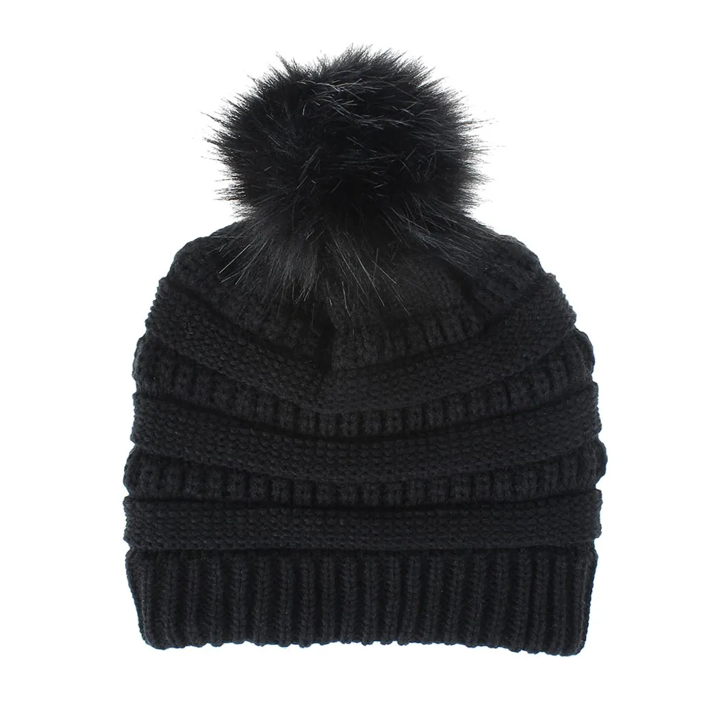 Женская теплая шапка для девочек зимние шапки Foe женские вязанные шапки Hairball шерстяная шапка с меховым помпоном 8 цветов однотонные Лыжные шапки
