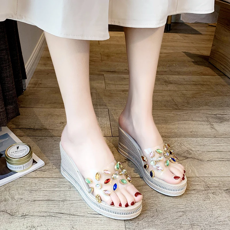 

Bohemia Color Rhinestone Wedge Platform Slippers Women Summer Shoes Open Toe Transparent PVC Platform Sandals Crystal Slippers
