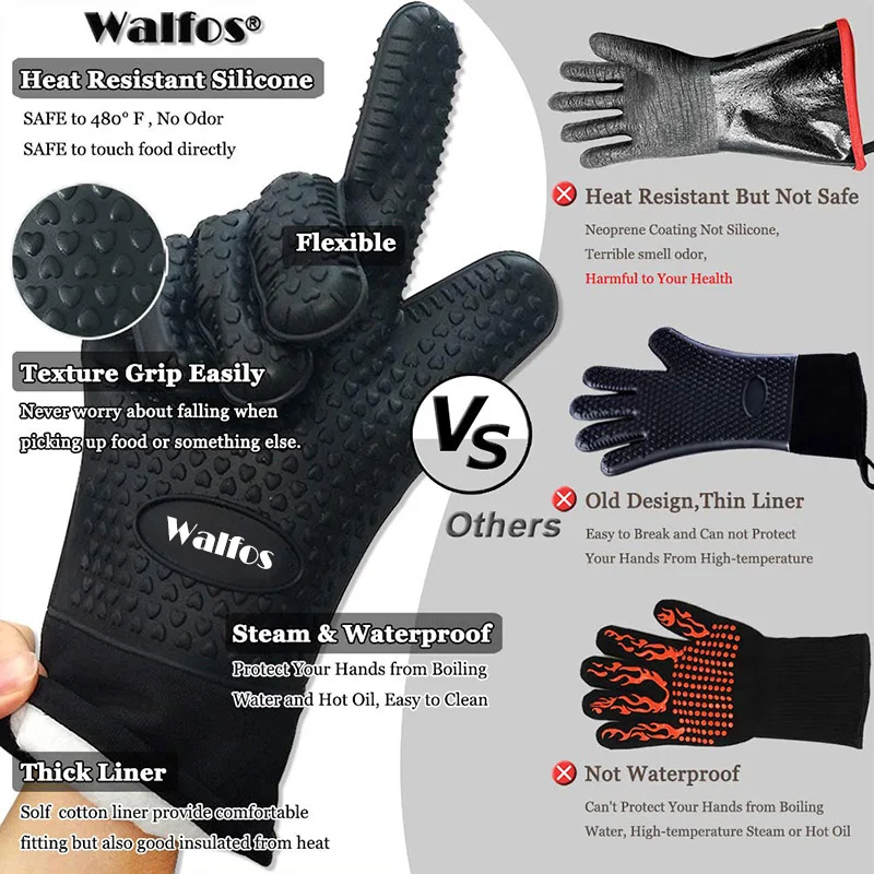 Walfos 1 Piece Long Silicone Kitchen Gloves Grill Gloves Heat Resistant Cooking For Grilling Microwave Oven Mitts