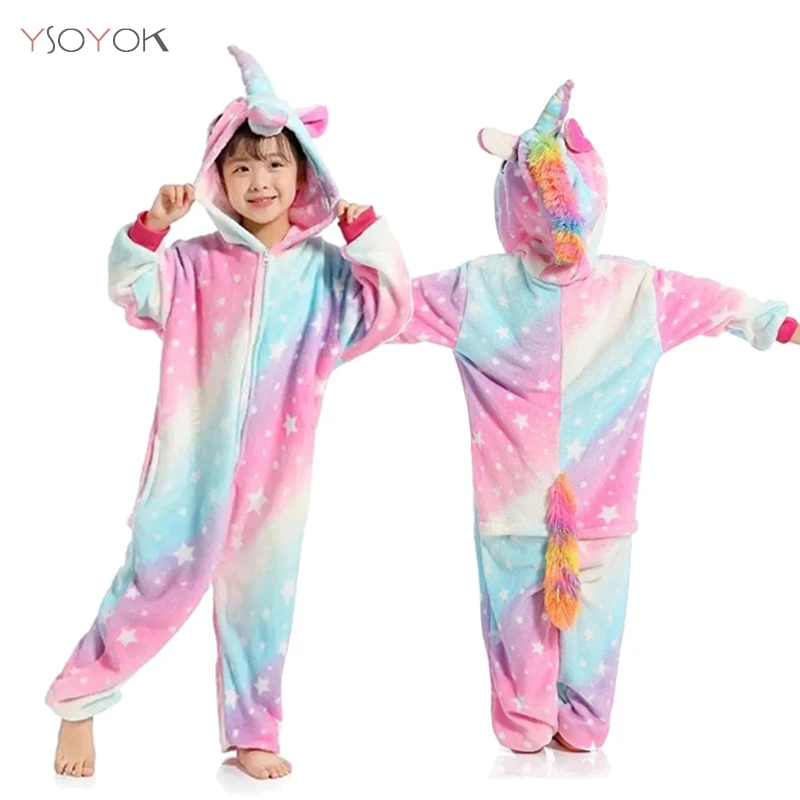 Kigurumi/детская зимняя одежда для сна; детская пижама панда с единорогом; комплекты одежды для маленьких девочек и мальчиков; комбинезон с единорогом для детей 4, 6, 8, 10, 12 лет - Цвет: Pink Star Unicorn
