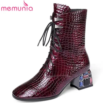 

MEMUNIA 2020 top quality ankle boots women lace up round toe crystal heel party wedding shoes autumn winter short boots female