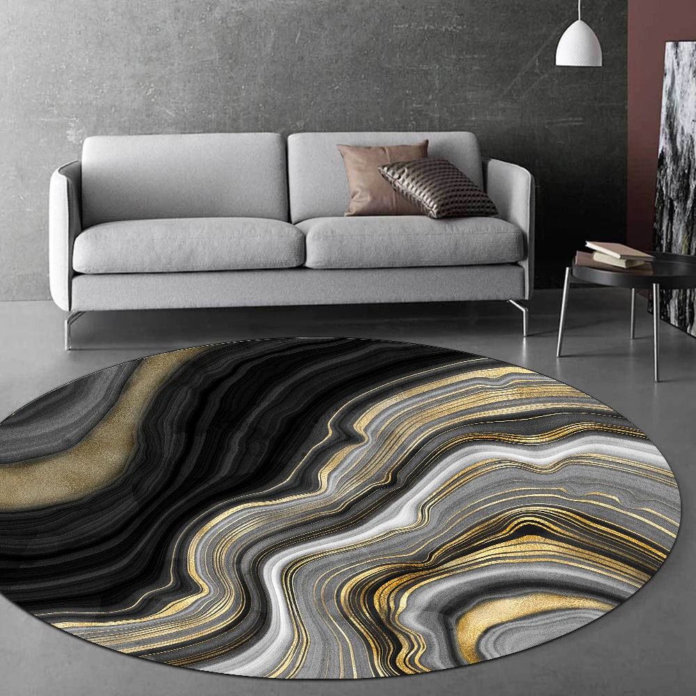 Modern Abstract Round Carpet For Living Room 3d Gold Black Gray Marble