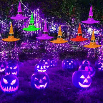 

6pcs Halloween Decoration Witch Hats LED Lights Cap Halloween Costume Props Outdoor Tree Hanging Ornament Courtyard Event Decor