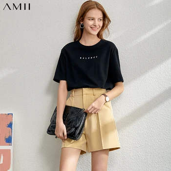 AMII минимализм, весна-лето, базовая женская футболка с буквенным принтом, топы из хлопка с круглым вырезом, с короткими рукавами, свободные же...