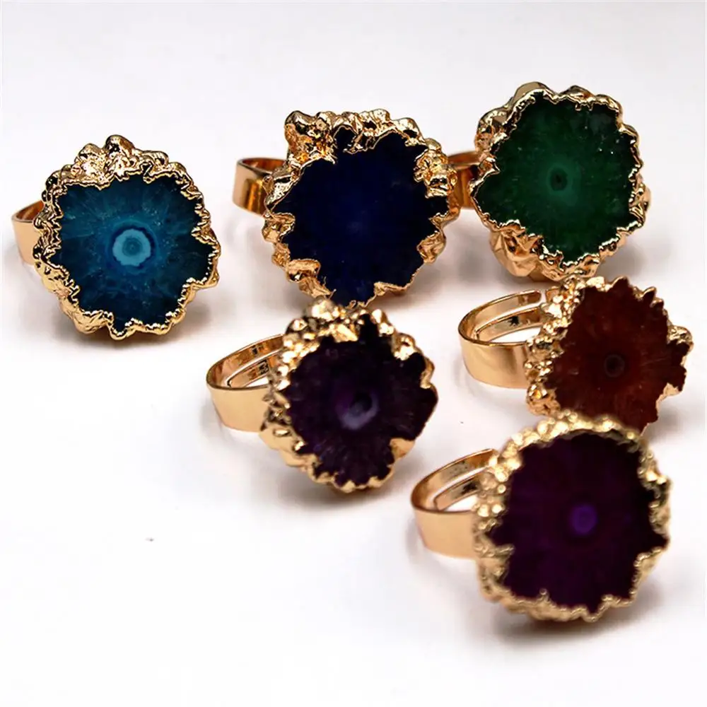 

Wholesale 6pc/lot Natural stone sunflower raw stone plating gold irregular inlaid open adjustable women golden ring free size
