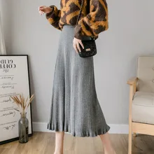 Осень зима женская вязаная миди плиссированная юбка эластичная высокая талия Толстая теплая Женская однотонная черная юбка Faldas