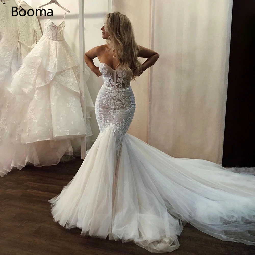

Booma Elegant Mermaid Wedding Dresses Sweetheart Lace Appliques Trumpet Bride Dresses Long Train Fish Tail Princess Bridal Gowns