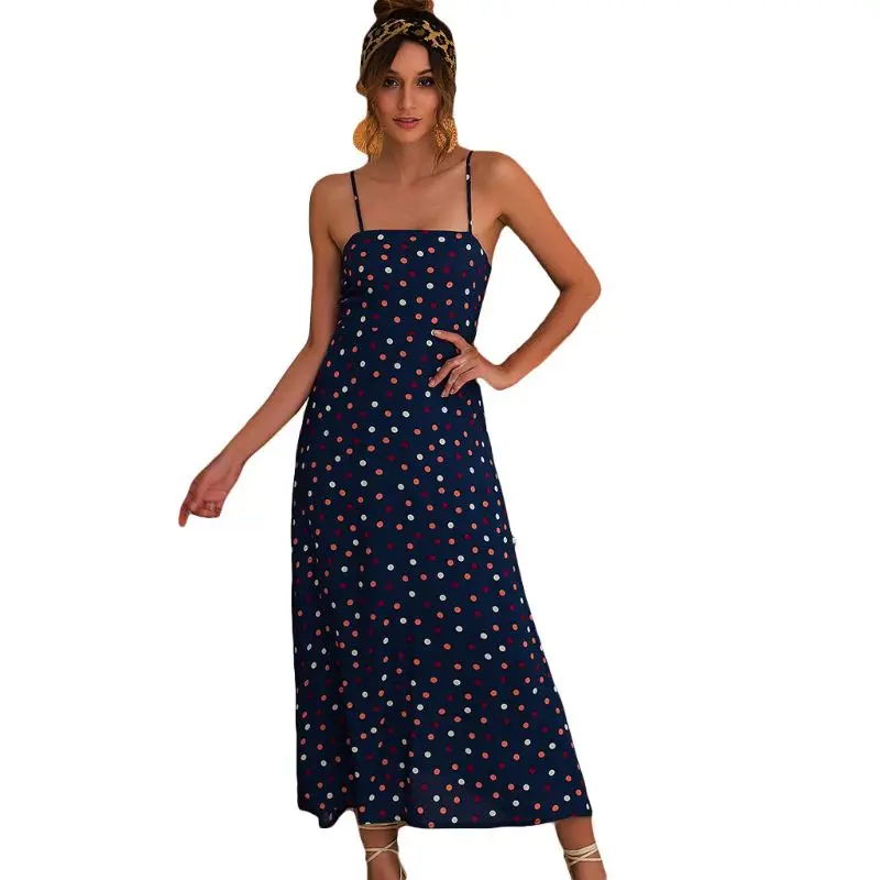 

2019 Women Polka Dot Square Neck Strappy Boho Holiday Summer Beach Maxi Dress