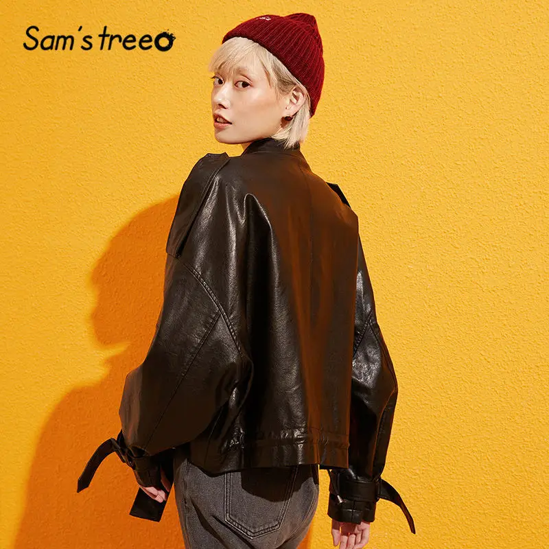 Most effective  Samstree Black Pure Pocket Motor Storm Leather Jacket Women Coat 2019 Autumn Streetwear Casual Fema