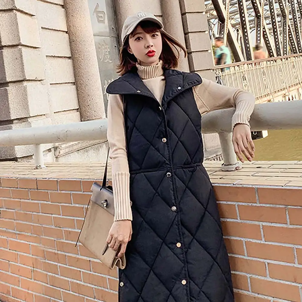 Vielleicht New Winter Long Vest Women Fashion Turn-down Collar Pockets For Female Casual Solid Cotton Padded Waistcoat