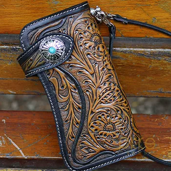 

Men Women Wallet With Chain Storage Gift Multipurpose Button Open Handmade Artificial Cow Leather Long Holder Japanese Carved