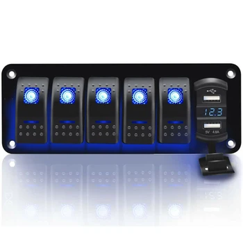 

6 Gang Toggle Rocker Switch Panel Dual USB For Car Boat Marine RV Truck Blue LED Water-resistant Enclosed Rocker Switch