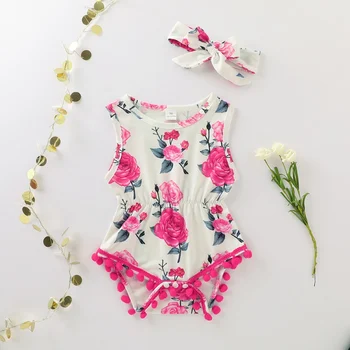 

Baby Girl Floral Print Sleeveless Rompers Bow Hair Band Two-piece Toddler Kit Hot Style